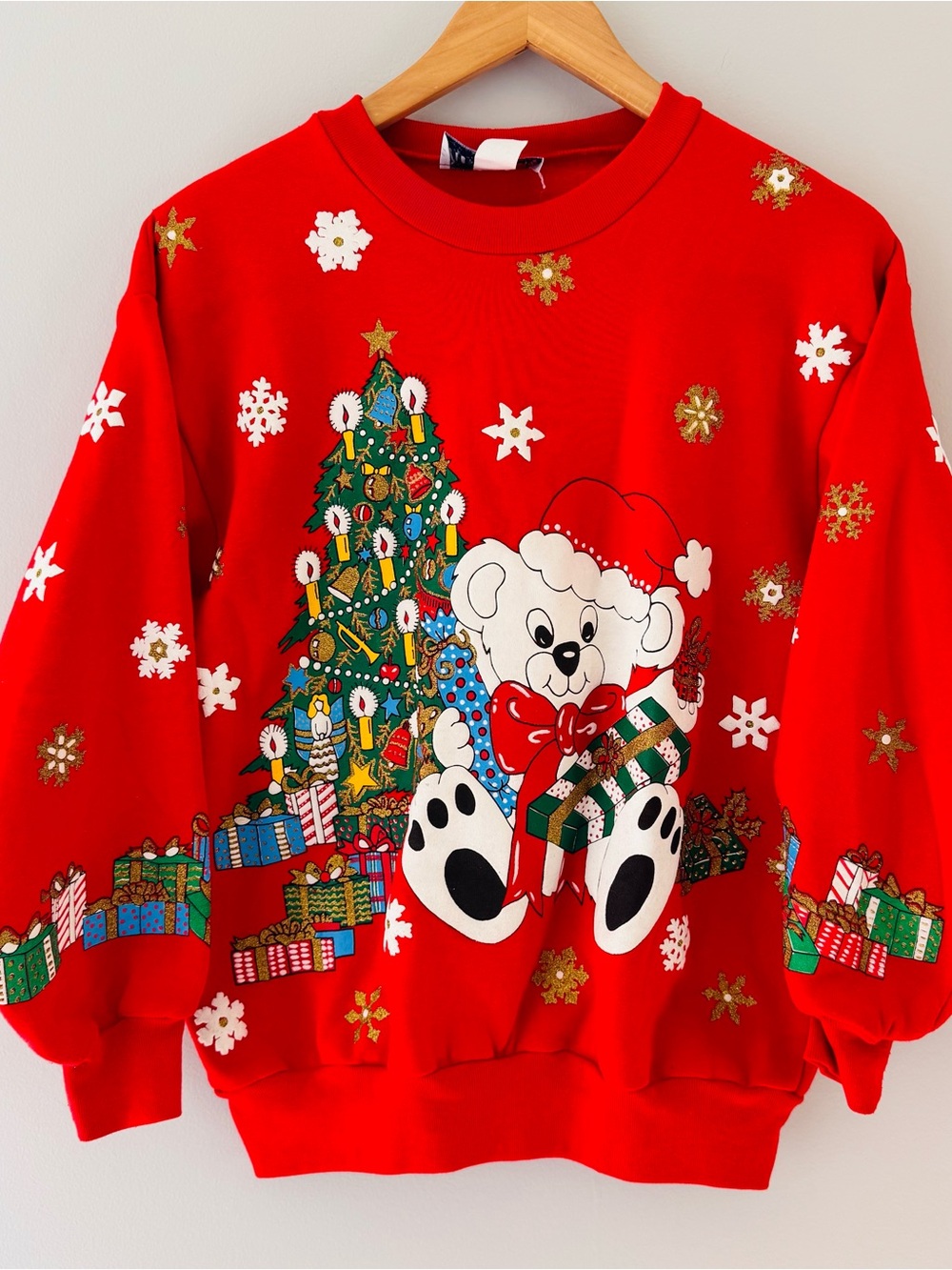 Vintage Bedford Fair Christmas Sweatshirt S Teddy Bear Tree Made USA 90s